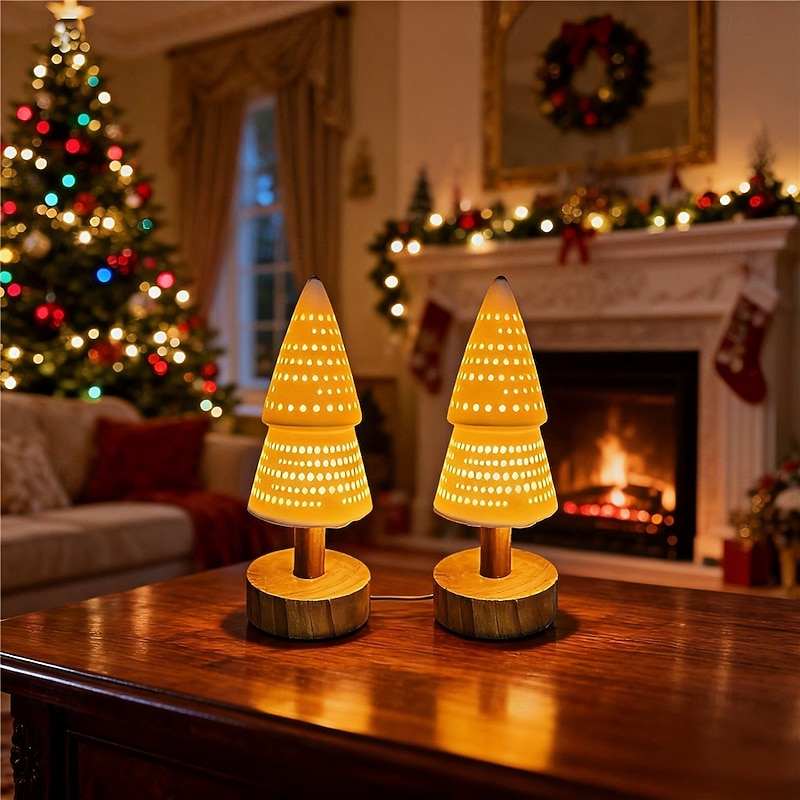 Ceramic Christmas Tree Hollow Decorative Light LED Creative Atmosphere Light Bedroom Bedhead Desk Lamp Christmas Gift Light Festival Party Atmosphere Light Battery Box 1PC2