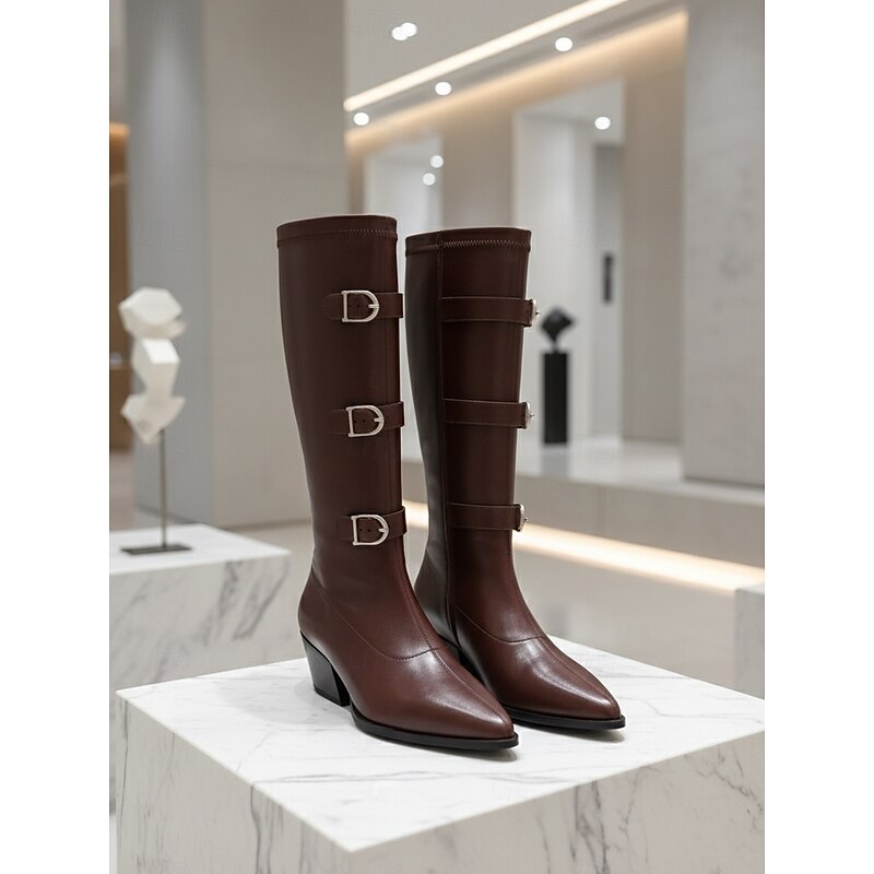 Women's Knee High Riding Boots with Triple Buckle Straps and Block Heels -Trendy Urban Fashion Footwear for Stylish Daily Wear and City Outfits2
