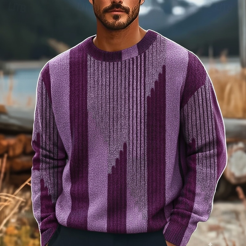 Men's Geometric Color Block Striped Pullover Sweater Jumper Knitwear Crewneck Casual Vacation Home Street 3D Print Knitting Keep Warm Long Sleeve Spring Fall Winter Red Blue Purple2