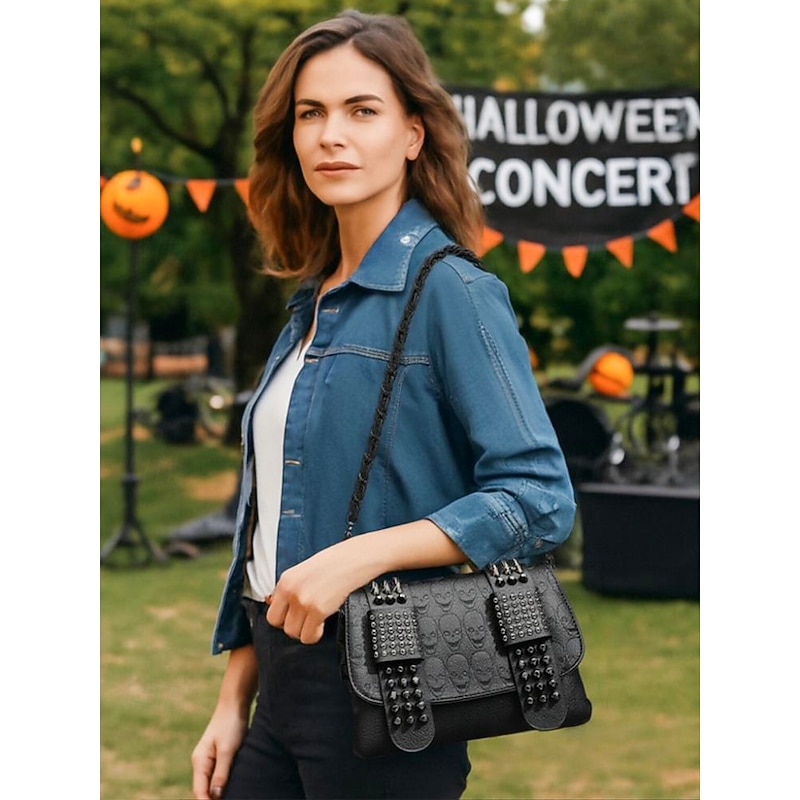 Women's Halloween Gothic Skull Rivet Shoulder Bag Crossbody Bag, Punk Rock Messenger Bag for Party and Night Out