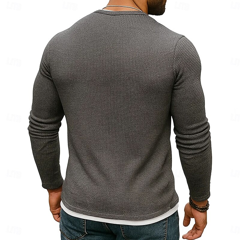 Men's Waffle T-shirt T Shirt Waffle Henley Shirt Long Sleeve Crew Neck V Neck All Seasons Solid Color Traditional / Vintage Casual Fake two piece Outdoor Home Sports & Outdoor Navy Blue Purple Army2