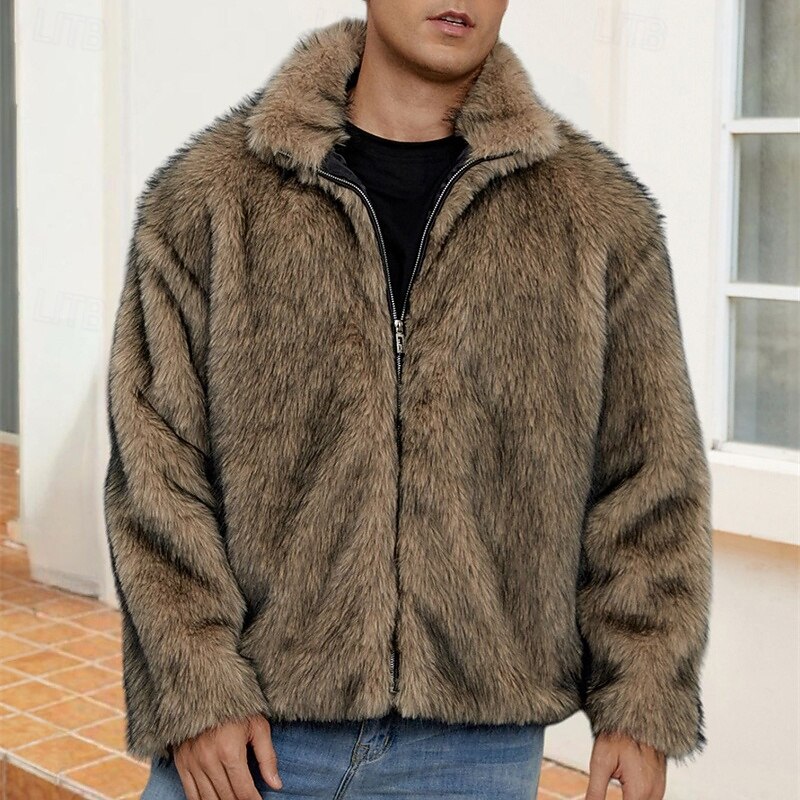 Men's Casual Jacket Faux Fur Coat Vacation Daily Thermal Warm Plush Fall Winter Plain Fashion Streetwear Standing Collar Regular Black White Yellow Royal Blue Camel Jacket2