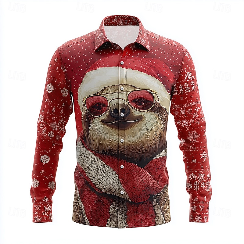 Christmas Men's Animal Sloth Christmas Hats Shirt Button Up Shirt Long Sleeve Funny Outdoor Holiday Spring Fall Turndown 3D Print Collared Shirts White Red