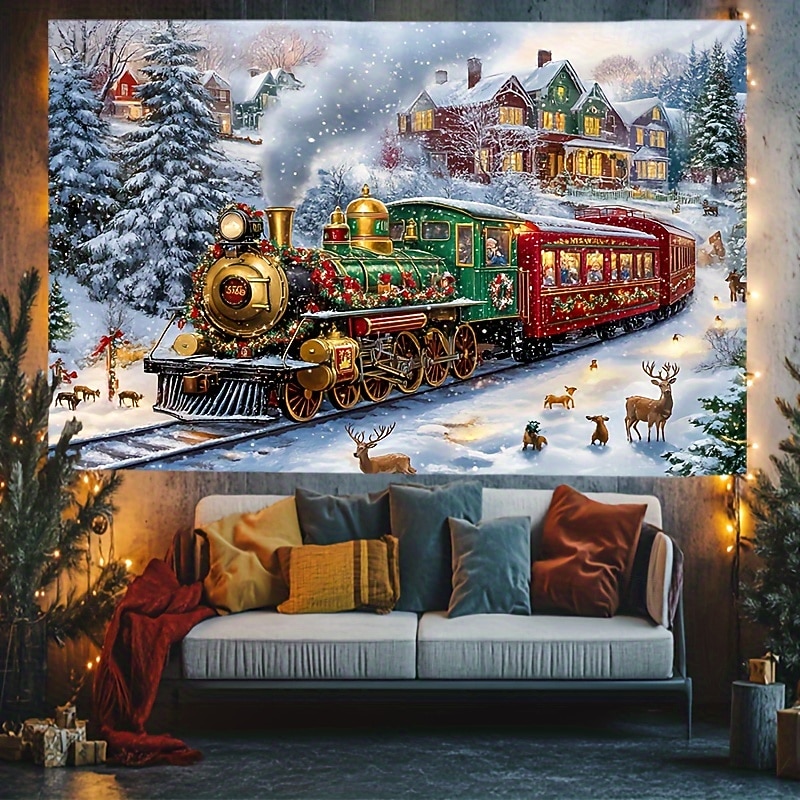 Christmas Outdoor Snow Scene Tapestry, Holiday Wall Hanging Background, Decorative Backdrop for Bedroom, Living Room, or Party