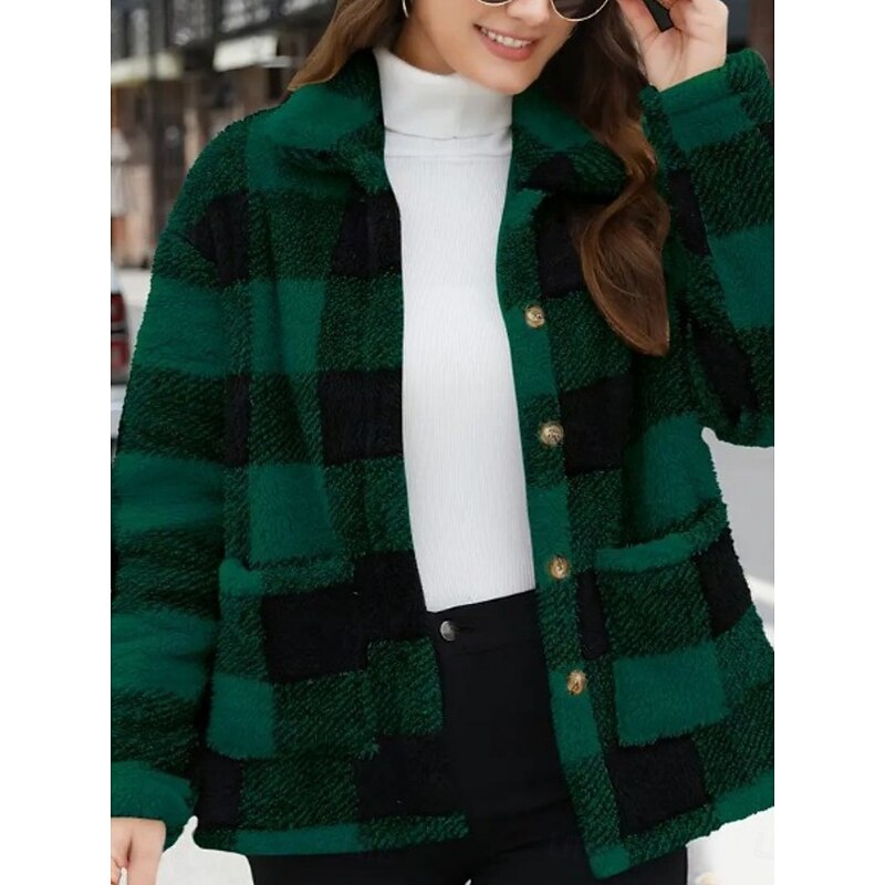 Women's Fleece Jacket Comfortable Breathable Pocket Buttons Print Fashion Casual Plaid Vacation Street Casual Daily Wear Single Breasted Regular Turndown Regular Fit Long Sleeve Outerwear Black Red4