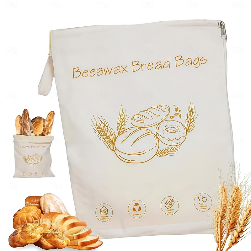 Wide Zipper Access Cotton & Beeswax Bread Bags for Sourdough Reusable Beeswax Food Storage Bags Extra Large and Portable Cotton Food Storage Bag for Home Bakers to Keep Fresh