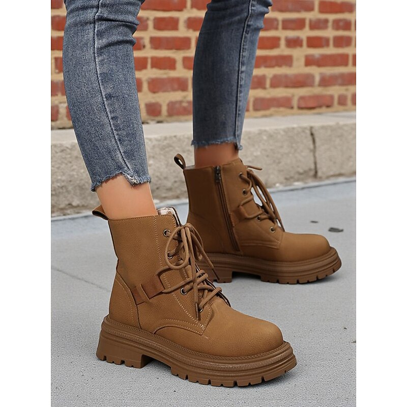 Women's Brown Combat Lace-Up Boots with Thick Sole, Casual Punk Style Ankle Boots for Outdoor and Street Fashion2