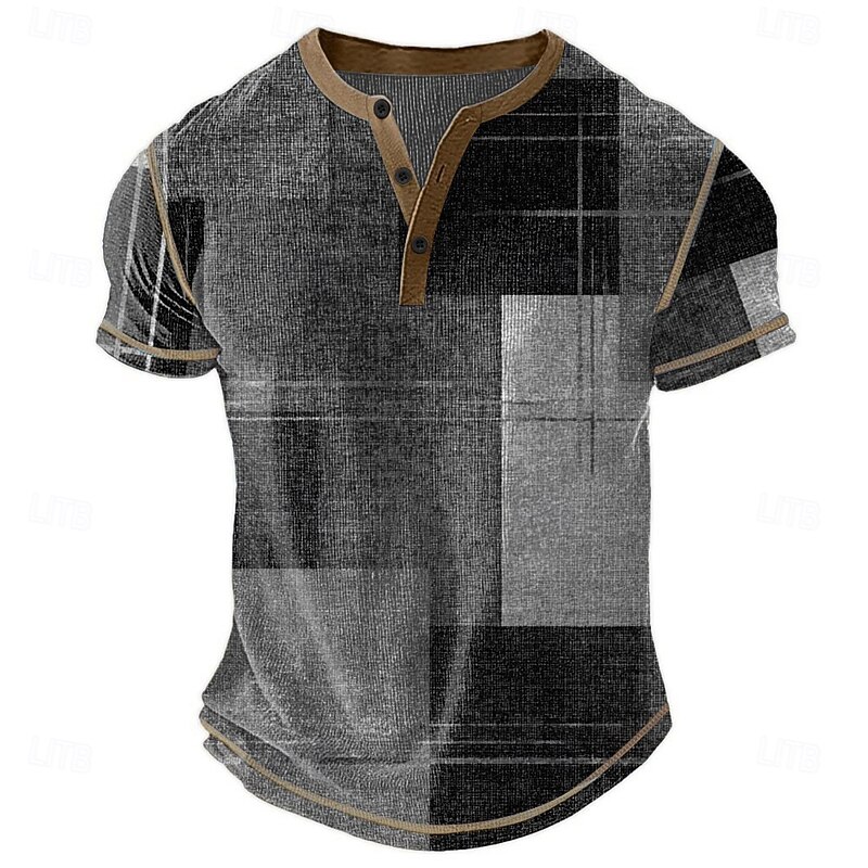 Men's Plaid Patchwork Henley Shirt Waffle T Shirt Short Sleeve Daily Retro Vintage Classic Sports Outdoor Casual Holiday Spring & Summer All Seasons Dark Brown Dark Grey Dark Blue Green Henley Henley4