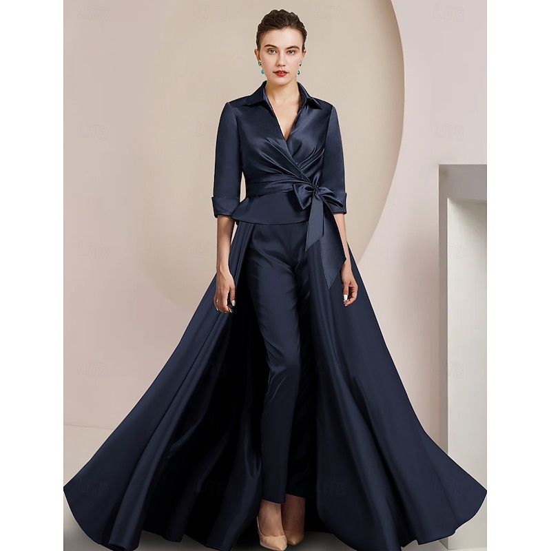 Two Piece Pantsuit Mother of the Bride Formal Wedding Guest Elegant Shirt Collar Ankle Length Satin Half Sleeve with Bow(s)