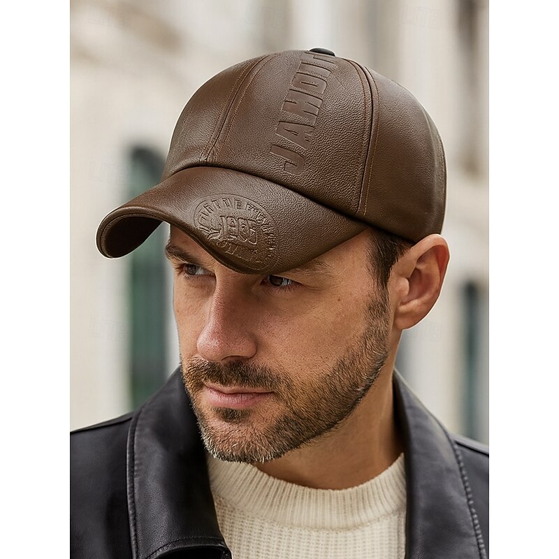 Men's Faux Leather Baseball Cap – Vintage Adjustable Embossed Hat for Casual, Outdoor Sports and Streetwear Style