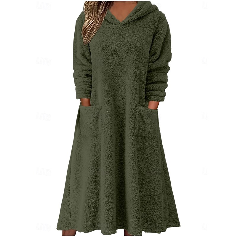 Women's Midi Dress A Line Dress Fit And Flare Dress Casual Daily Loose Fit Plain Long Sleeve Hooded Black Wine Brown Army Green Fall Winter4