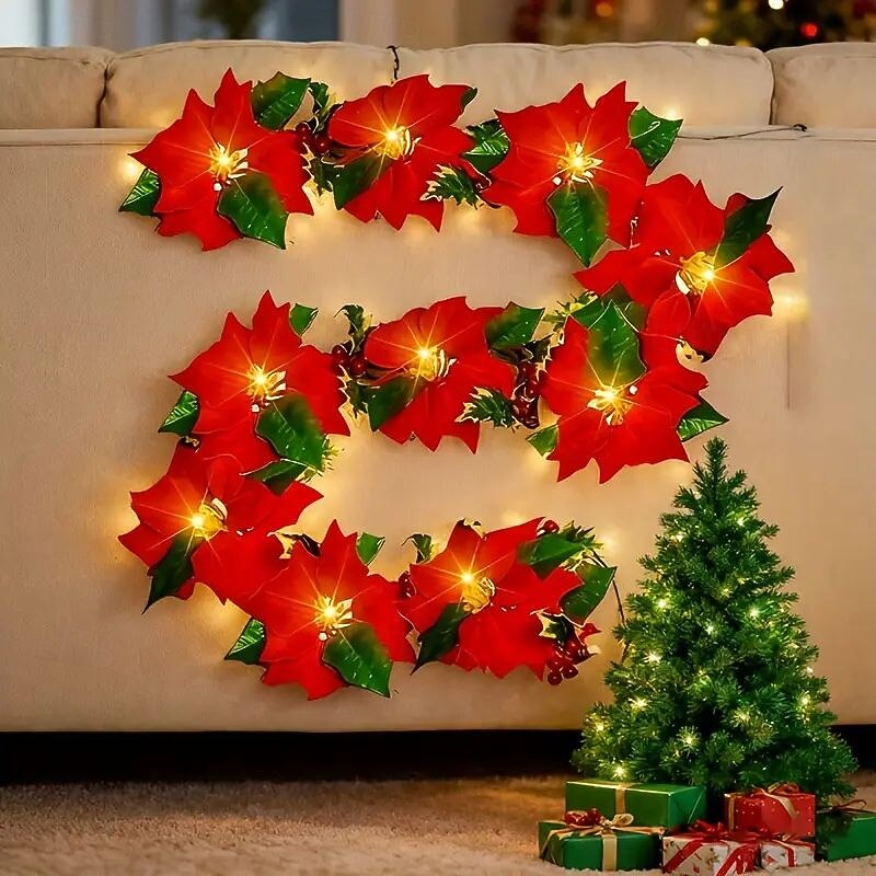 Christmas Red Flower and Red Fruit Fairy String Lights 2M 10LED Battery Powered Garland Lights for Christmas Parties Indoor Outdoor Fireplace Garden Balcony New Year Decoration