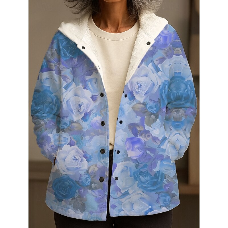 Women's Winter Coat Winter Jacket Warm Quick Dry Buttons Daily Modern Casual Comfortable Floral Vacation Casual Athleisure Daily Regular Hooded Loose Fit Sleeveless Outerwear Light Blue Yellow Pink