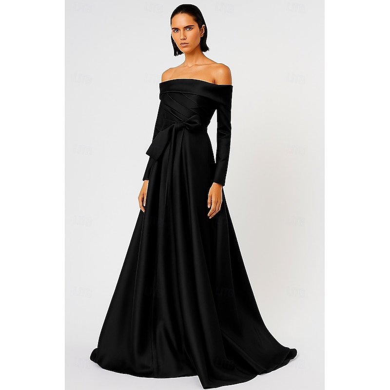 Blue Red Black A-Line Evening Gown Elegant Formal Dress Formal Wedding Floor Length Long Sleeve Off Shoulder Pocket Satin with Bow(s) 20252