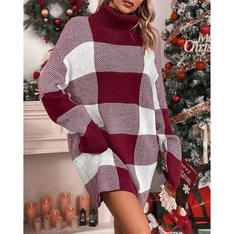 Women's Sweater Pullover Fashion Casual Checkered Ribbed Turtleneck Knitted Long Sleeve Long Tops Knit Christmas Outdoor Daily Red Fall Winter3