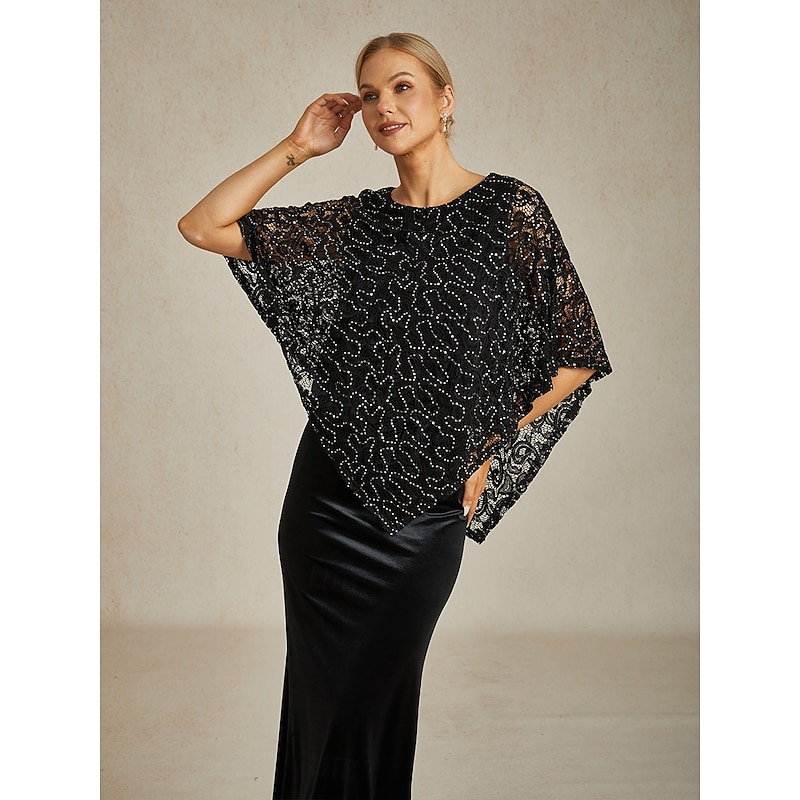 Women's Poncho Dressy Tops Lace Tops Evening Tops Solid Color Elegant Stylish Sleeveless Crew Neck Regular Tops Wedding Guest Party Evening Wear Evening Party Sequins Lace Black Spring, Fall, Winter