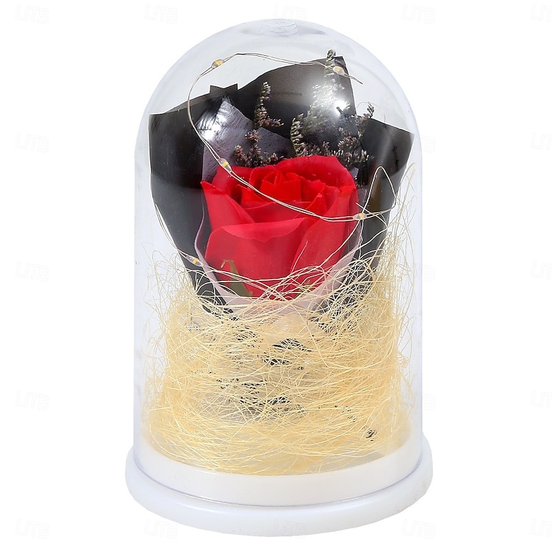 1 Pc 15 * 10CM Christmas Halloween Valentine's Day Mother's Day Luminous Eternal Flower Transparent Cover Simulated Rose LED Nightlight Desktop Decorative Light Pendant Light AAA Battery Gift2