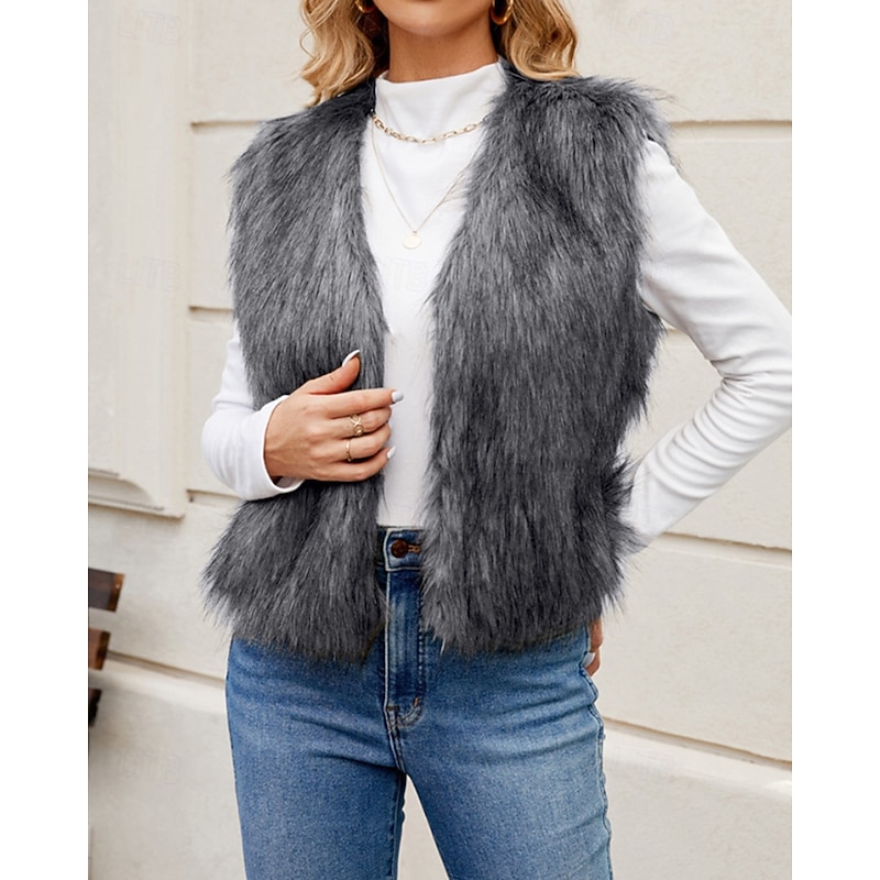 Women's Vest Faux Fur Coat Comfortable Furs & Leathers Fashion Plain Vacation Street Daily Wear Going out Regular V Neck Regular Fit Sleeveless Outerwear Black White Yellow Fall Winter4