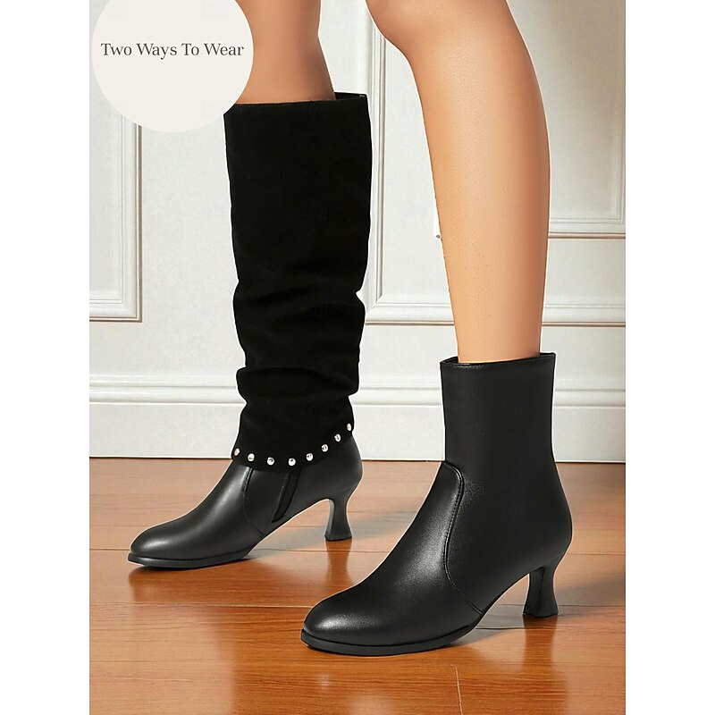 Women's Black Two-Way Wearable Style Slouchy Knee-High Boots  with Studs and Silver Buckles, Chic Punk Rock Style, Ideal for Night Outs & Trendy Parties2