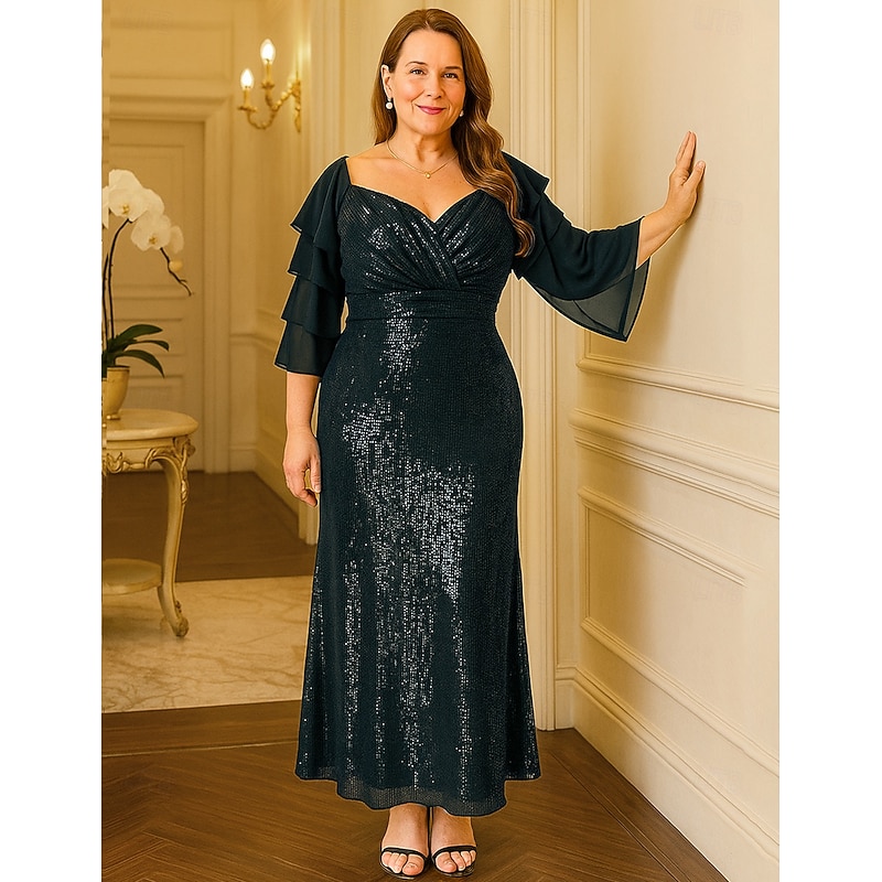 Sheath / Column Mother of the Bride Dress Plus Size Sparkle & Shine Sweetheart Ankle Length Sequined Polyester 3/4 Length Sleeve with Sequin