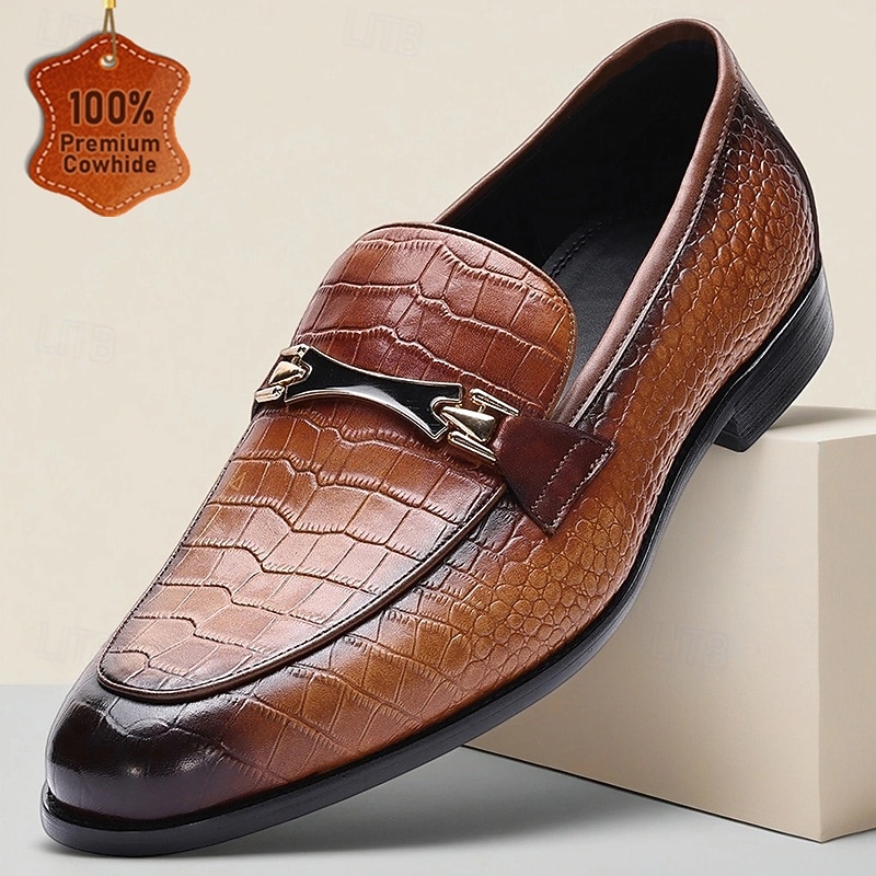 Men's Brown Genuine Leather Crocodile Pattern Loafers – Luxury Horsebit Slip-On Dress Shoes for Business, Weddings and Formal Events