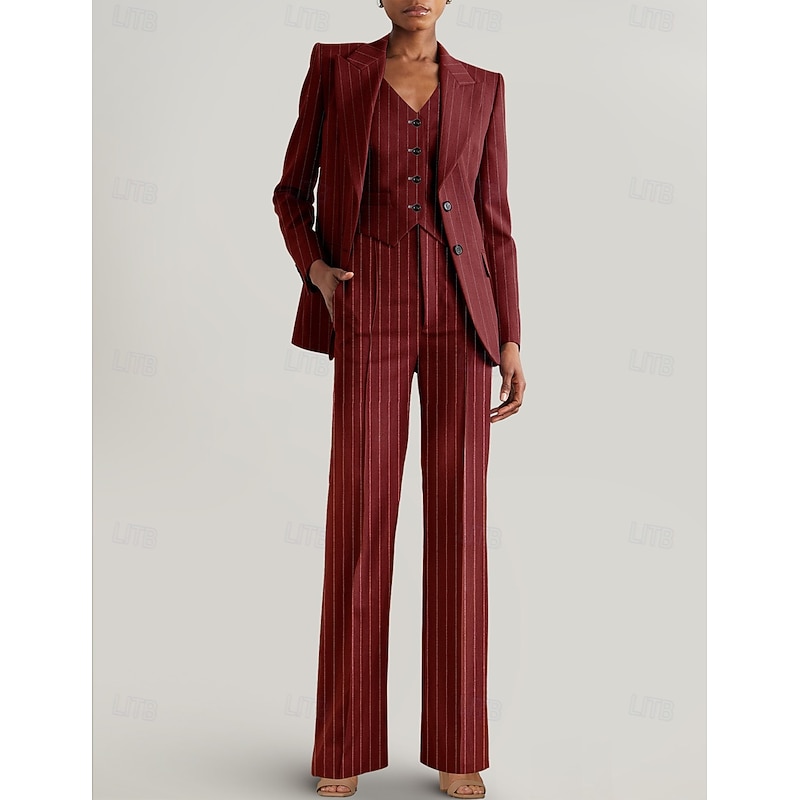 Women's 3 Pieces Pinstriped Suits Formal Wedding Guest Formal Evening Elegant Simple Long Sleeve Ankle Length Peak Lapel Single Breasted