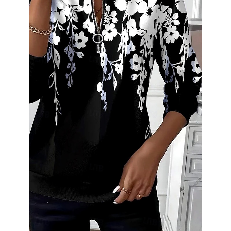 Women's Pullover Sweatshirt Zip Up Sweatshirts Floral Graphic Fashion Casual Long Sleeve Crew Neck Round Neck Regular Tops Street Dailywear Patchwork Zipper Print Black Spring Fall Winter3