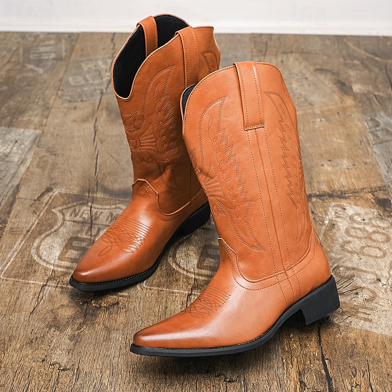 Men's Classic Tan Western Cowboy Boots with Smooth Upper and Pointed Toe, Durable Heel, Comfortable Fit, Traditional Ranch Style Footwear for Rodeo, Horseback Riding, Country Concerts and Outdoor Work2