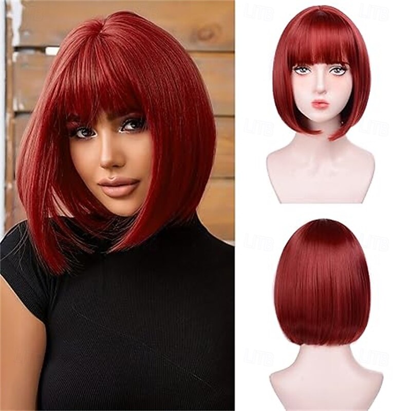 Red Bob Wigs for White Women - 12'' Short Bob Wigs With Bangs Natural Fashion Synthetic Wig Colorful Synthetic Hair for Daily Cosplay Halloween