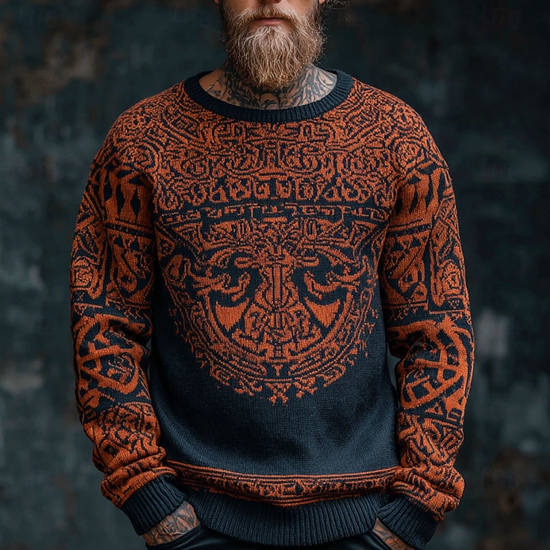 Men's Viking Pullover Sweater Jumper Knitwear Crewneck Retro Vintage Casual Vacation Daily 3D Print Knitting Keep Warm Long Sleeve Spring Fall Winter Red Blue Brown2