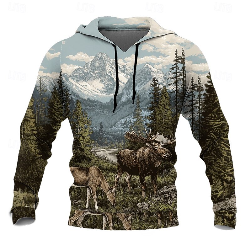 Men's Deer Hoodie Sweatshirt Fashion Classic Crew Neck Outdoor Hunting Gray Gray 2 Drawstring Fall Winter Designer