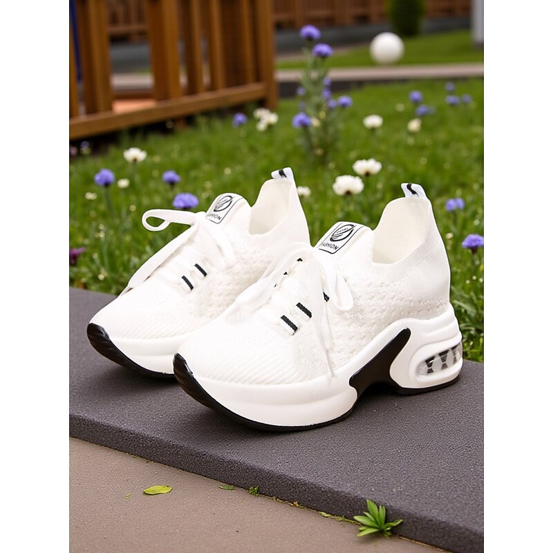 Women's White Flyknit Platform Sneakers with Lace-Up Design – Breathable Athletic Shoes for Running and Walking2