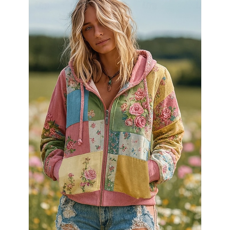 Women's 3D Print Vintage Boho Hoodie Patchwork Hoodie Sweatshirt Floral Zip Up s Floral Punk Active Vintage Long Sleeve Hooded Regular Tops Home Dailywear Casual Patchwork Pink Spring Fall Winter