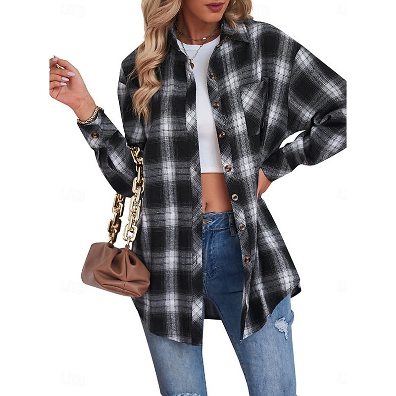 Women's Shacket Comfortable Breathable Pocket Buttons Print Casual Plaid Vacation Street Casual Daily Wear Single Breasted Regular Turndown Regular Fit Long Sleeve Outerwear Black Red Blue Spring Fall2