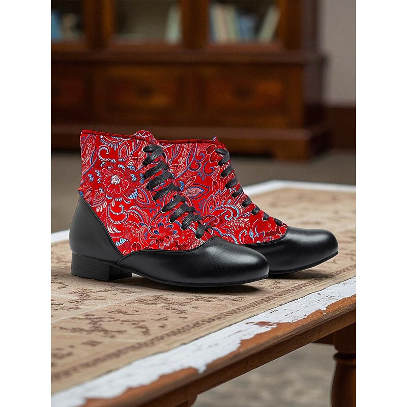 Women's 1920s Vintage Edwardian Lace-Up Ankle Boots – Red Floral Brocade and Black Faux Leather Dress Shoes for Gatsby Parties, Stage Performance and Retro Cosplay