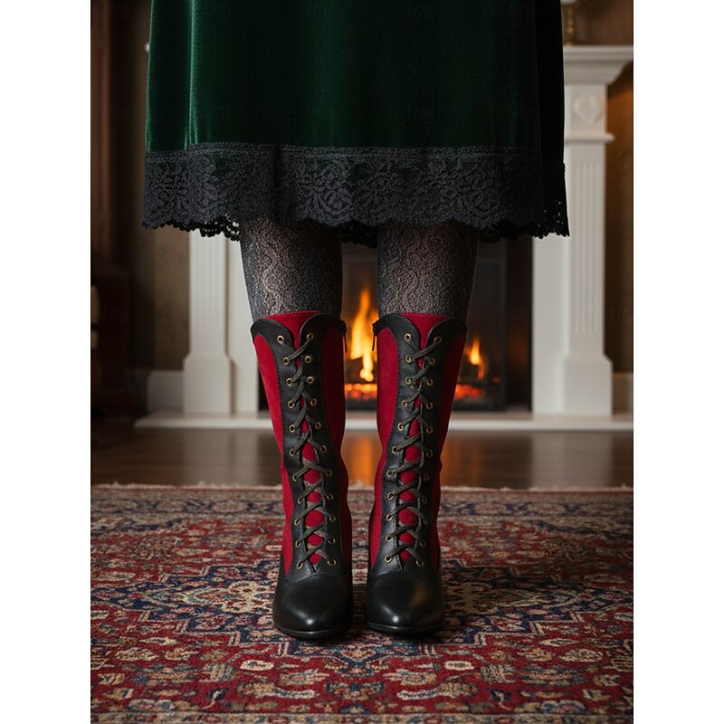 Women's Red and Black 1920s Victorian Lace-Up Mid-Calf Boots – Retro Steampunk Edwardian Style Costume Shoes for Cosplay,  Theater and  Gatsby Parties3