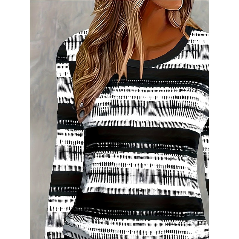 Women's T Shirt Graphic Striped Vintage Stylish Classic Long Sleeve Crew Neck Round Neck Regular Tops Daily Print Black Spring Fall Winter2
