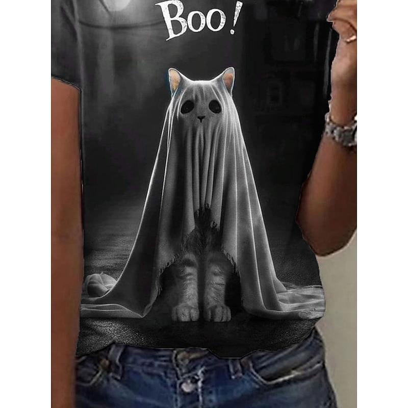 Halloween Women's T Shirt Graphic Cat Ghost Vintage Stylish Classic Short Sleeve Crew Neck Regular Tops Daily Going out Weekend Print Black Summer Fall3