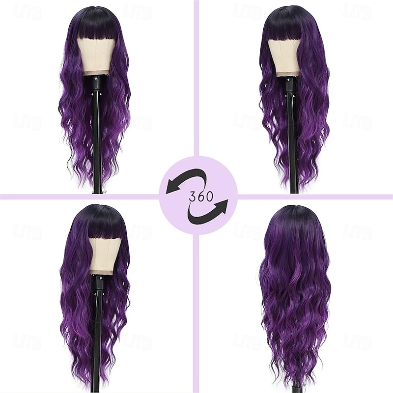 Purple Wigs with Bangs - Long Curly Wavy Hair Wigs Heat Resistant Synthetic Fiber 26 Inches