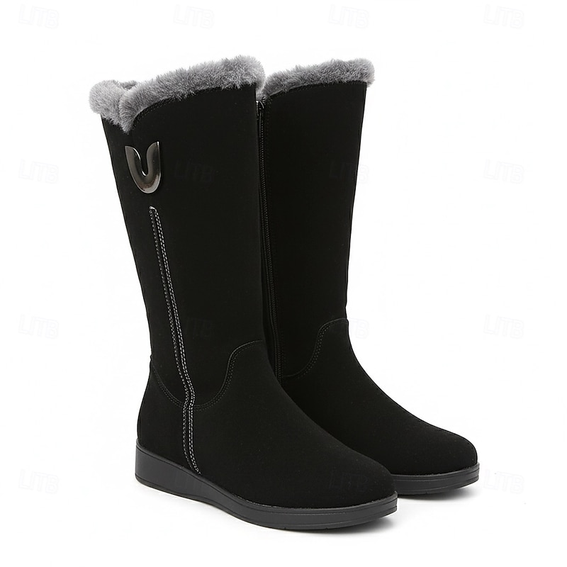 Women's Black Suede Winter Boots with Faux Fur Lining and Side Zipper - Warm and Stylish Mid-Calf Boots for Cold Weather2