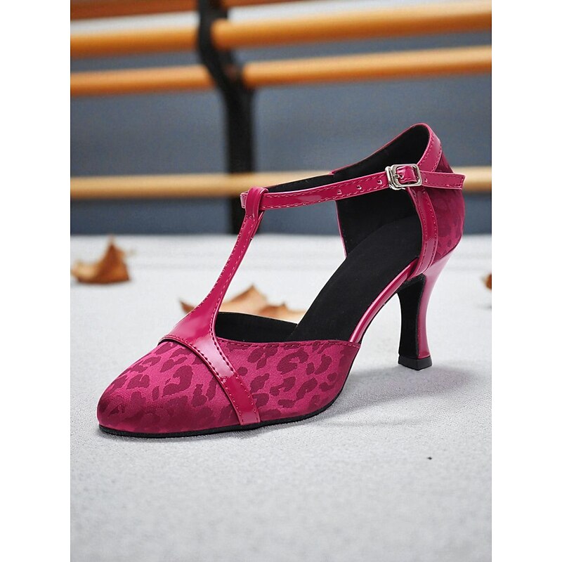 Women's Red T-Strap Dance Shoes with Leopard Print - Professional Ballroom Heels for Dance Practice and Party Events4