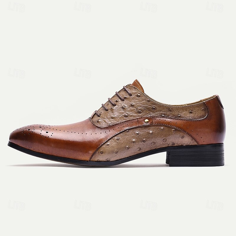 Men's Two-Tone Brown Oxford Shoes – Classic Genuine Leather Brogue Design, Breathable Lace-Up Dress Shoes for Office, Weddings and Formal Events3