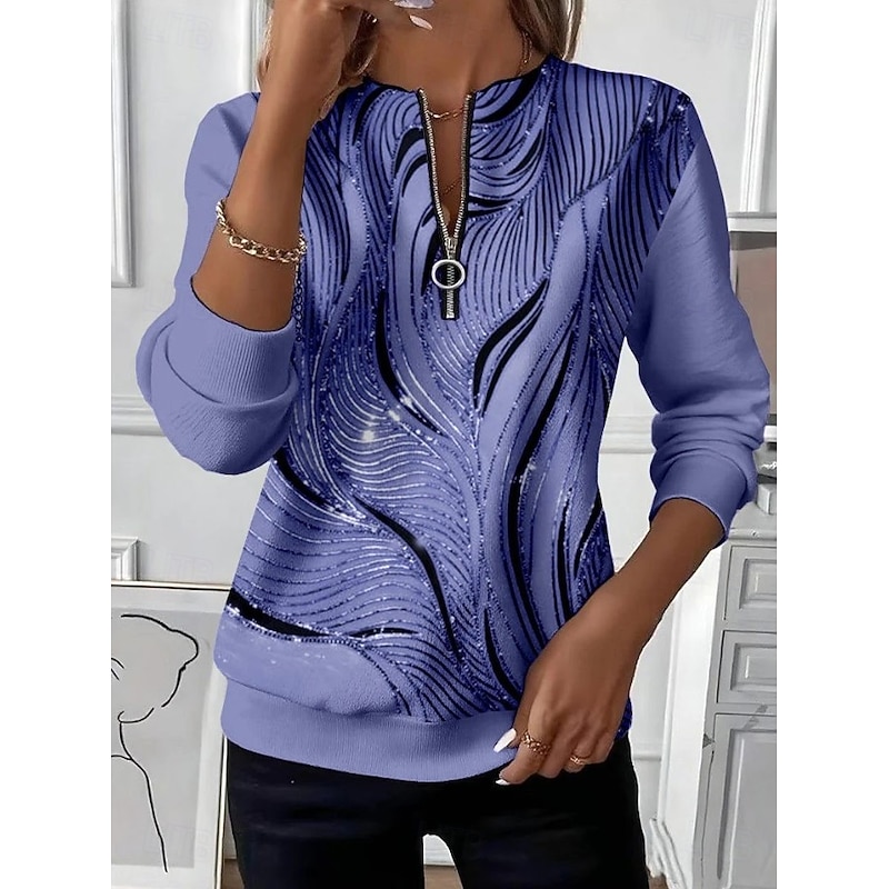 Women's Pullover Sweatshirt Zip Up Sweatshirts Graphic Geometric Abstract Fashion Casual Long Sleeve Crew Neck Regular Tops Street Dailywear Zipper Print Purple Brown Spring Fall Winter2