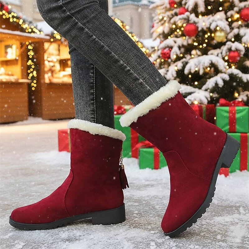 Women's Faux Fur Trim Winter Snow Boots with Tassel Accent and Non-Slip Sole, Perfect for Winter Outdoor Wear Christmas & Holiday