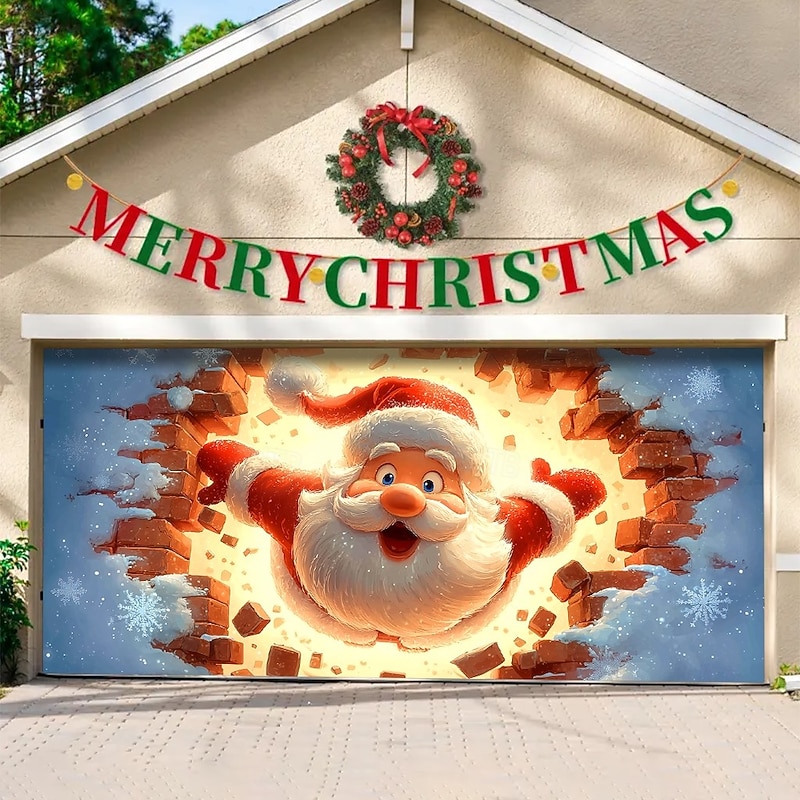Christmas Outdoor Garage Door Cover Santa Claus 3D Broken Wall Effect Large Tapestry Backdrop Holiday Party Wall Decoration For Outdoor Garage Door Home Christmas Festival Decor2