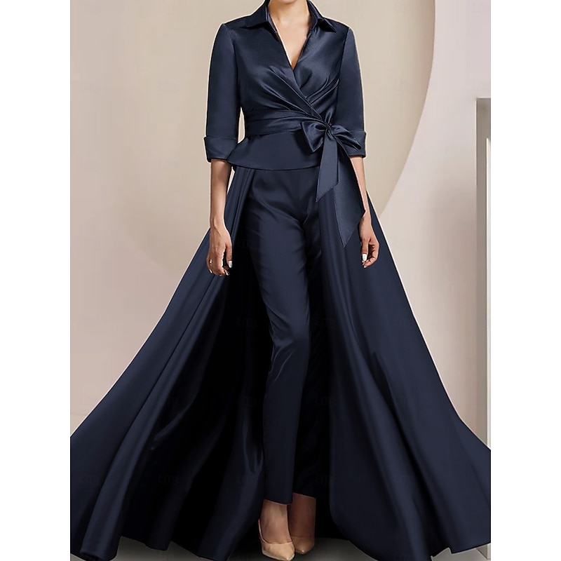 Two Piece Pantsuit Mother of the Bride Formal Wedding Guest Elegant Shirt Collar Ankle Length Satin Half Sleeve with Bow(s)3