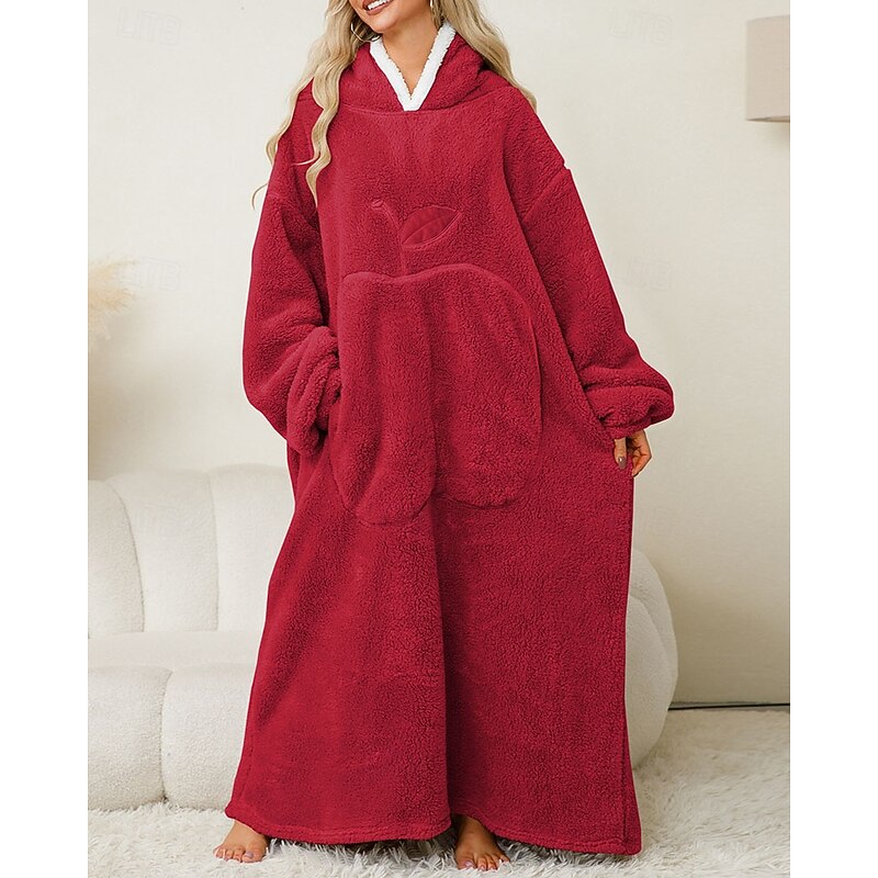 Women's Loungewear Nightgown Onesie Warm Plush Fruit Pocket Home Long Sleeve Crew Neck Red Khaki Dark Blue Gray Fall Winter Tailored Fit