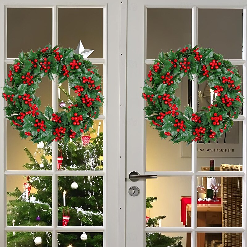 Christmas Wreath for Front Door, Indoor & Outdoor Decoration, Artificial Green Leaves with Red Berries, Holiday Berry Garland for Window, Wall, and Door Display2