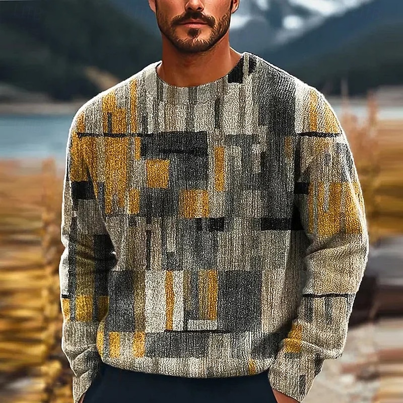 Men's Geometric Color Block Pullover Sweater Jumper Knitwear Crewneck Casual Vacation Home Daily 3D Print Knitting Keep Warm Long Sleeve Spring Fall Winter Blue Brown Green3