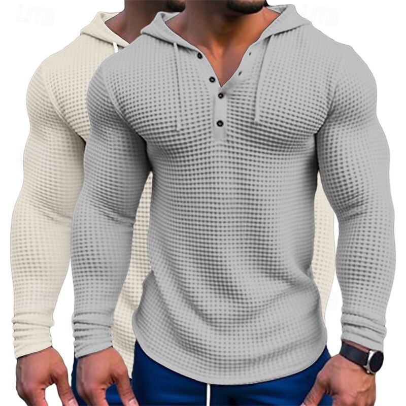Men's Waffle Shirt T Shirt Tee Top Long Sleeve Shirt Long Sleeve Hooded Spring &  Fall All Seasons Plain Fashion Designer Basic 2 Piece Buttons Vacation Street Casual Army Green + Gray Khaki green3